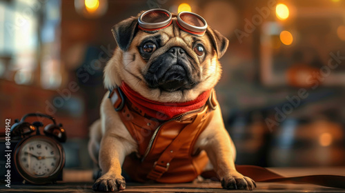 Adorable pug dog wearing steampunk-style goggles and vest, lying down on a vintage table with a clock in a cozy setting.