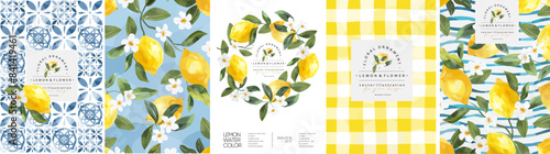Lemon, flowers and blue Mediterranean tiles. Vector cute elegant watercolor illustration of lemons, frame, wreath, yellow checkered tablecloth and pattern for background, card, invitation or poster