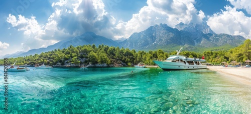 Cirali, Kemer, Antalya, Turkey, Panorama view of sea and beach with mountains as backdrop. Blue sky with clouds.