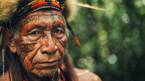 close-up of the Yanomami tribe, wearing traditional clothing with distinctive headdresses and body tattoos, Ai generated Images