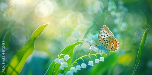 An enchanting wide-format image of nature. A butterfly Pieris rapae flies over a blossoming forest flower lily of the valley in full bloom, macro. A fresh spring morning in the woods.