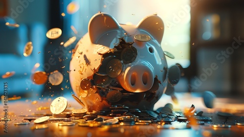 割れている豚の貯金箱から飛び出すたくさんのコイン