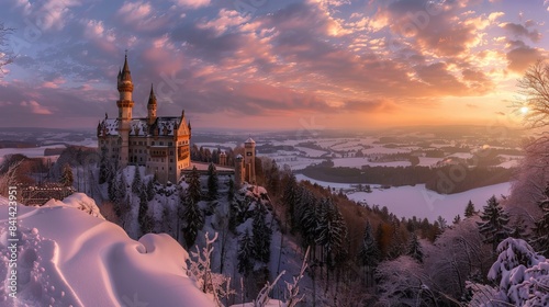 view of a castle at dawn