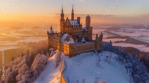 view of a castle at dawn