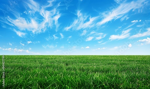 A beautiful minimalist idealistic natural landscape with white clouds above a mowed grass field.