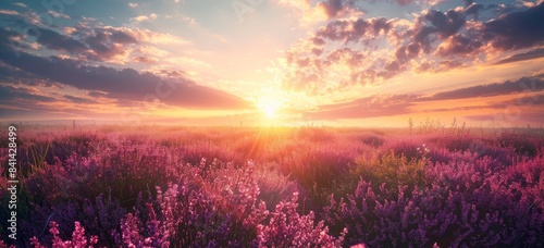 On a warm spring summer evening, a lush panoramic landscape of purple wildflowers in a meadow with a shallow depth of field appears in this panorama.