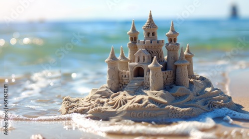 A photo of a children's sandcastle on the beach, with intricate details and bright colors, with the waves gently lapping at its base.