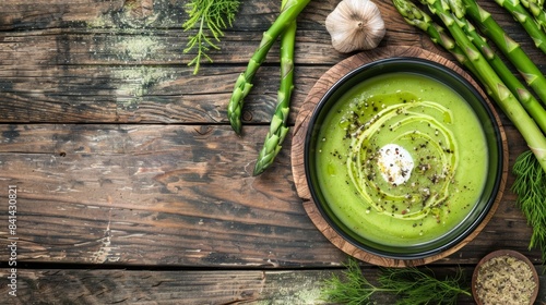 A photo of a fresh raw asparagus soup, with the asparagus blended into a smooth, creamy puree.