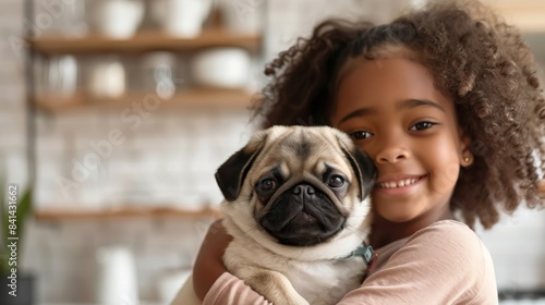 Adorable child hugging a cute pug in a cozy kitchen setting. Bright, happy, and warm, this image captures the essence of childhood and pet love. Ideal for family, pet care, and lifestyle content. AI