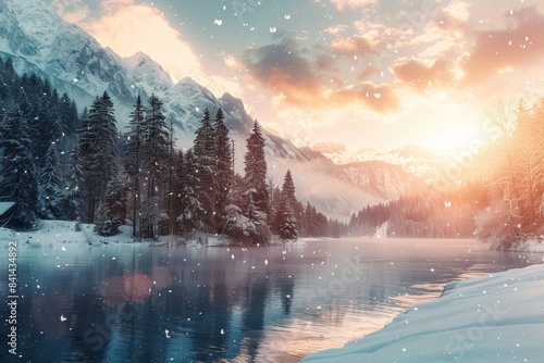 The image features fir trees, mountains, and a snowy forest. It was generated using artificial intelligence.
