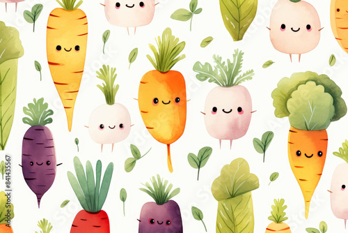 Charming watercolor seamless pattern featuring cute cartoon vegetable characters and floral elements like radish, carrot, and daikon.