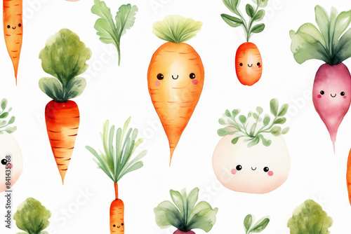 Charming watercolor seamless pattern featuring cute cartoon vegetable characters and floral elements like radish, carrot, and daikon.