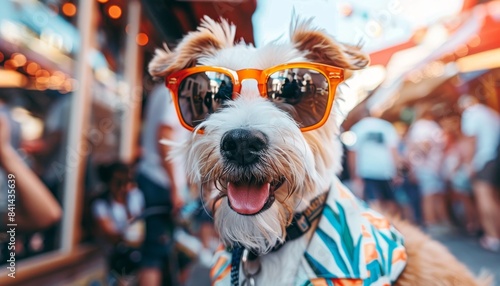 Adorable dog in vibrant hawaiian shirt and stylish orange sunglasses for a fun and trendy look
