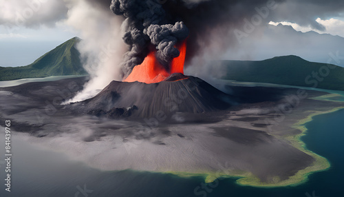 Volcanic island featuring ash clou_esrgan and a boiling crater