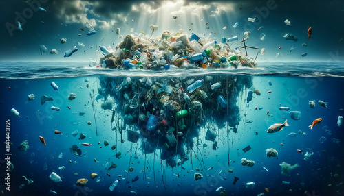 Marine pollution, Floating island of trash highlights the stark reality of ocean pollution from excessive consumption.