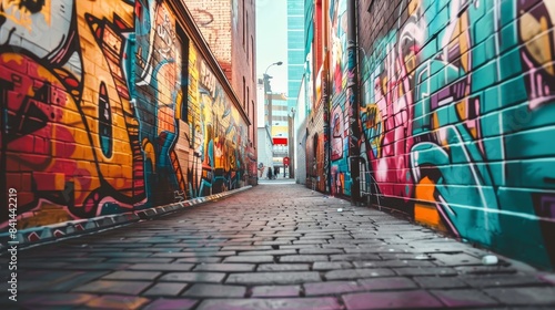 A graffiti covered alleyway with a brick walkway