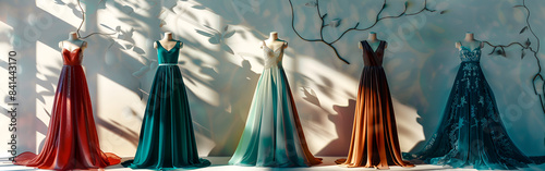Radiant Reflections, Colorful Female Luxury Gowns on Mannequins, Extra Long Maxi Style for Weddings, Valentine's Day, and Beyond, Against a White Wall with Reflective Elegance