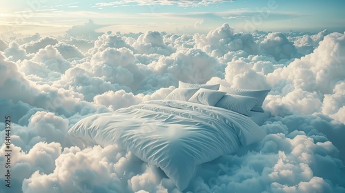 A bed is floating in the sky with clouds surrounding it