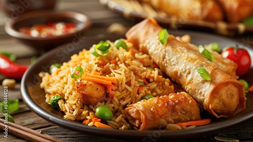 Fried rice and egg roll served with orange glazed chicken