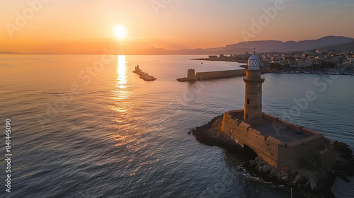 Aerial view of Chania lighthouse at sunset with tranquil waters