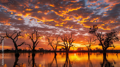 Stunning sunset over Australian lake with bare trees and colorful sky
