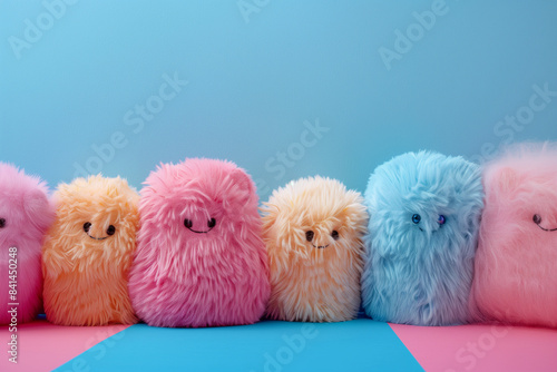 A collection of fluffy, cute plush toy animals on a blue background. Pink, blue and orange Kawaii soft toys.