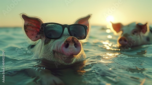 Pigs Wearing Sunglasses Swimming in Clearwater