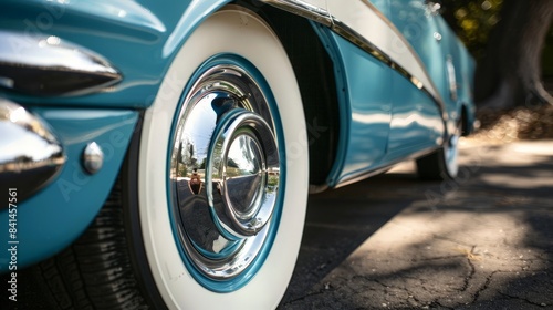  A nostalgic close-up of a classic whitewall tire, capturing the retro design and the iconic white stripe that adds vintage charm to classic cars.