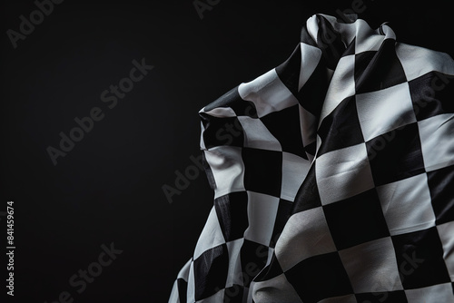 Against a stark black background, a checkered racing flag unfurls, its bold pattern standing out in high contrast