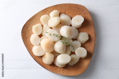 Fresh raw scallops and thyme on white wooden table, top view