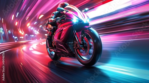 Brightly colored neon motorcycle with a rider in motion. Concept of speed, adrenaline, futuristic design, and racing