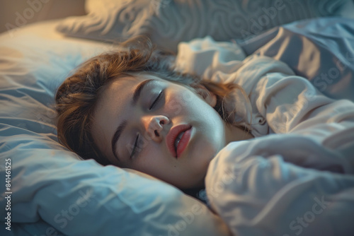 In the morning light, a young girl sleeps soundly in bed, her mouth open as she snores loudly