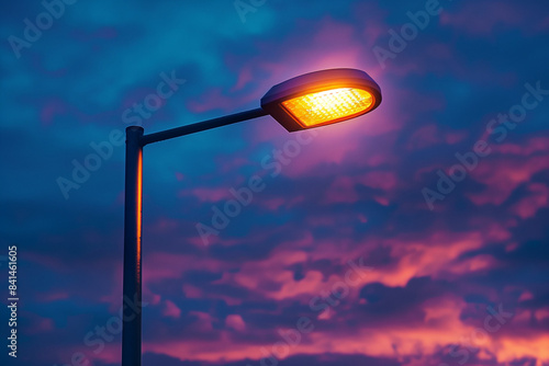 Street lamp glowing against a vibrant sunset sky with hues of blue and purple, capturing urban evening ambiance.