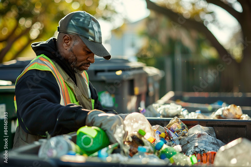 With focused attention, a waste management worker diligently sorts materials in a recycling bin outdoors