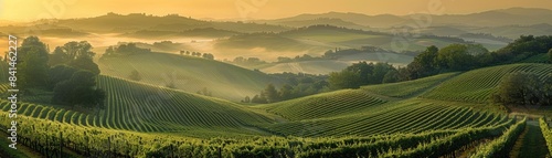The sun rises over the vineyards of Tuscany, casting a warm and inviting glow across the rolling hills. The neatly arranged rows of grapevines create a harmonious pattern against the backdrop of the