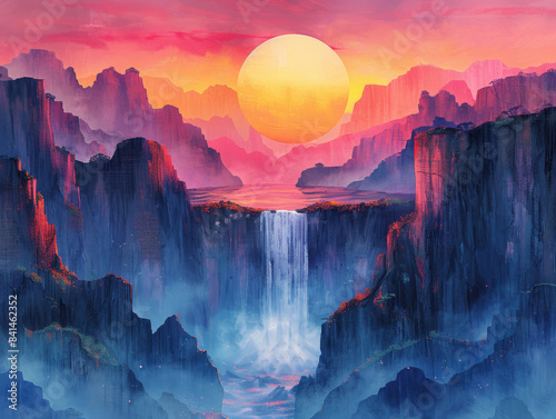 Colorful abstract mountains, rivers and waterfalls illustration