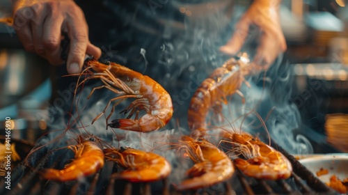 A chef grilling freshwater prawns over an open flame, the aroma of smoky goodness filling the air as they cook to juicy tenderness