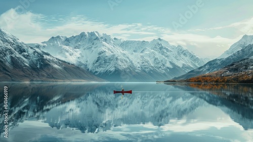 A serene mountain lake reflecting the snowy peaks surrounding it, with a lone canoe gliding across the water. 8k, full ultra HD, high resolution, cinematic photography