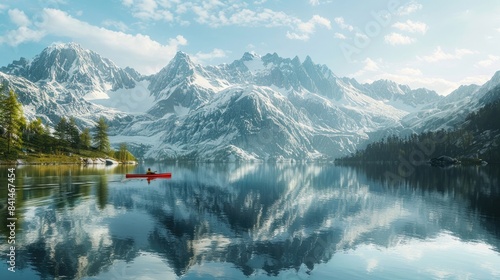 A serene mountain lake reflecting the snowy peaks surrounding it, with a lone canoe gliding across the water. 8k, full ultra HD, high resolution, cinematic photography