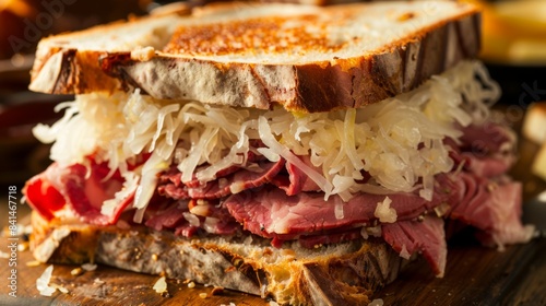 A close-up of a classic Reuben sandwich with layers of corned beef, sauerkraut, Swiss cheese, and Russian dressing on rye bread, a hearty and satisfying choice