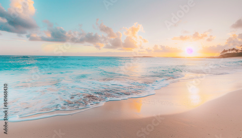 A tranquil beach at sunrise, with gentle waves lapping the shore, beach, sunrise, tranquil
