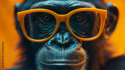 close up of a monkey wearing orange frame glasses