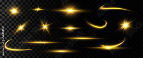 Shining golden stars. Light effects, glare, bokeh, glitter, explosion, golden light. Vector illustration.