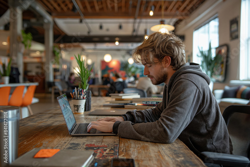 Young man working on laptop in modern coworking space