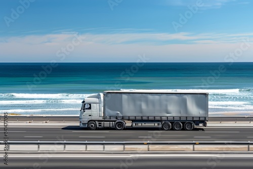 Speeding Cargo Lorry Along Coastal Highway Under Clear Blue Sky