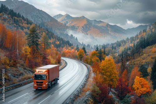 Autumn Splendor on a Mountain Road: A Red Cargo Lorry Navigates The Serpentine Highway