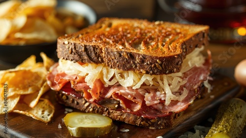 A traditional Reuben sandwich made with pumpernickel swirl rye bread served alongside a pickle and chips