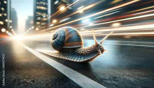 a snail speeding on a road, capturing a sense of motion. The background features a blurred urban environment with lights and buildings