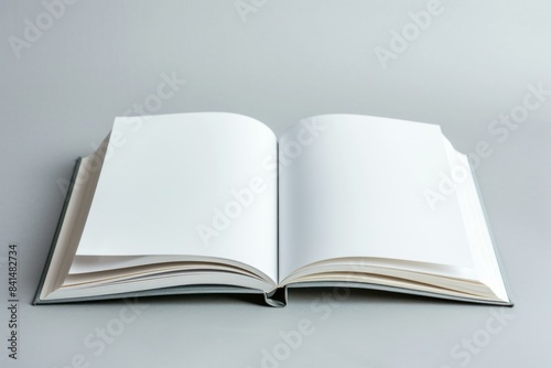 Simplistic image of an open book with empty pages on a grey background, allowing for easy text overlay