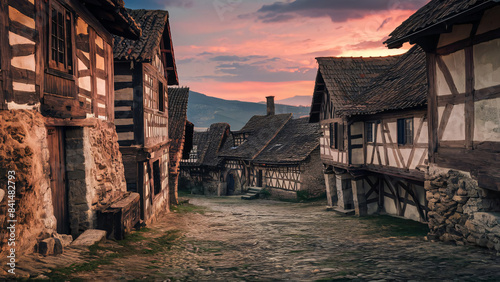 An old wooden house in a rural village bathed in morning light